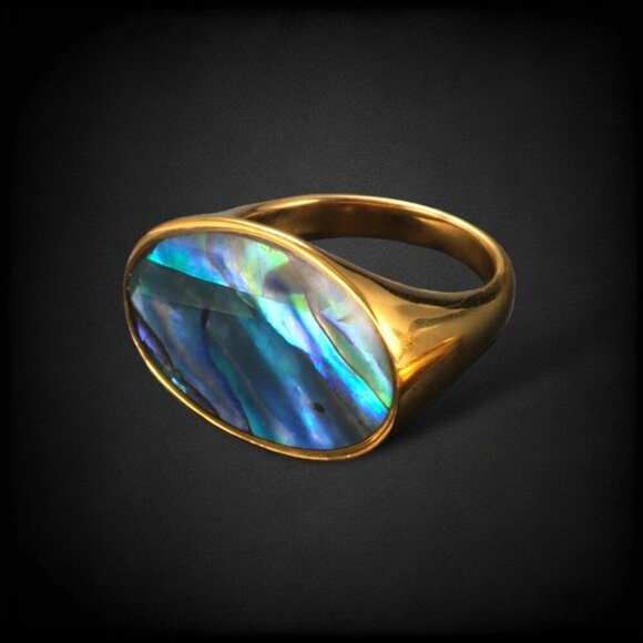 NEW Statement Cocktail Ring Sz.7 18K Gold Plated Oval Abalone Shell Iridescent - Picture 5 of 10